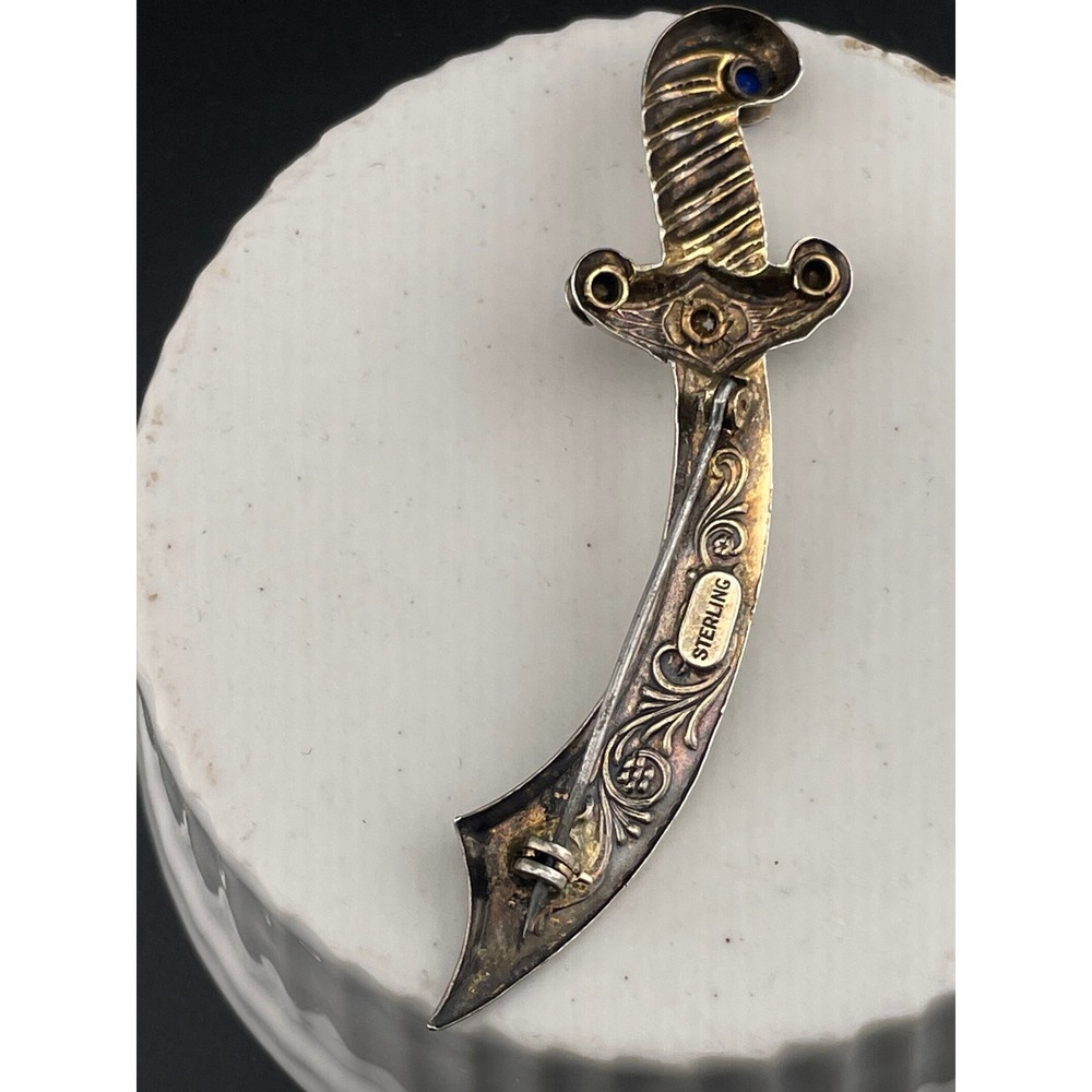 Vintage Sterling Silver Sword Brooch Curved Dagger Scimitar Rhinestone Hilt Pin - Picture 7 of 11